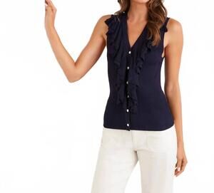 NEW KAREN KANE sleeveless ruffle v-neck sweater in navy